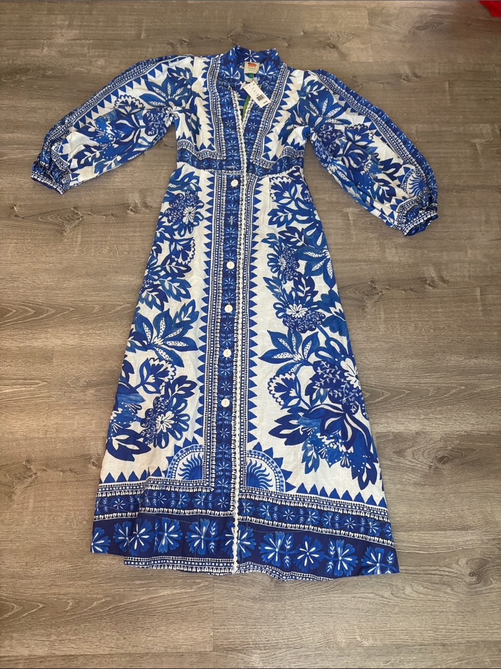 FARM Rio Blue and White Floral Button-Front Maxi Dress